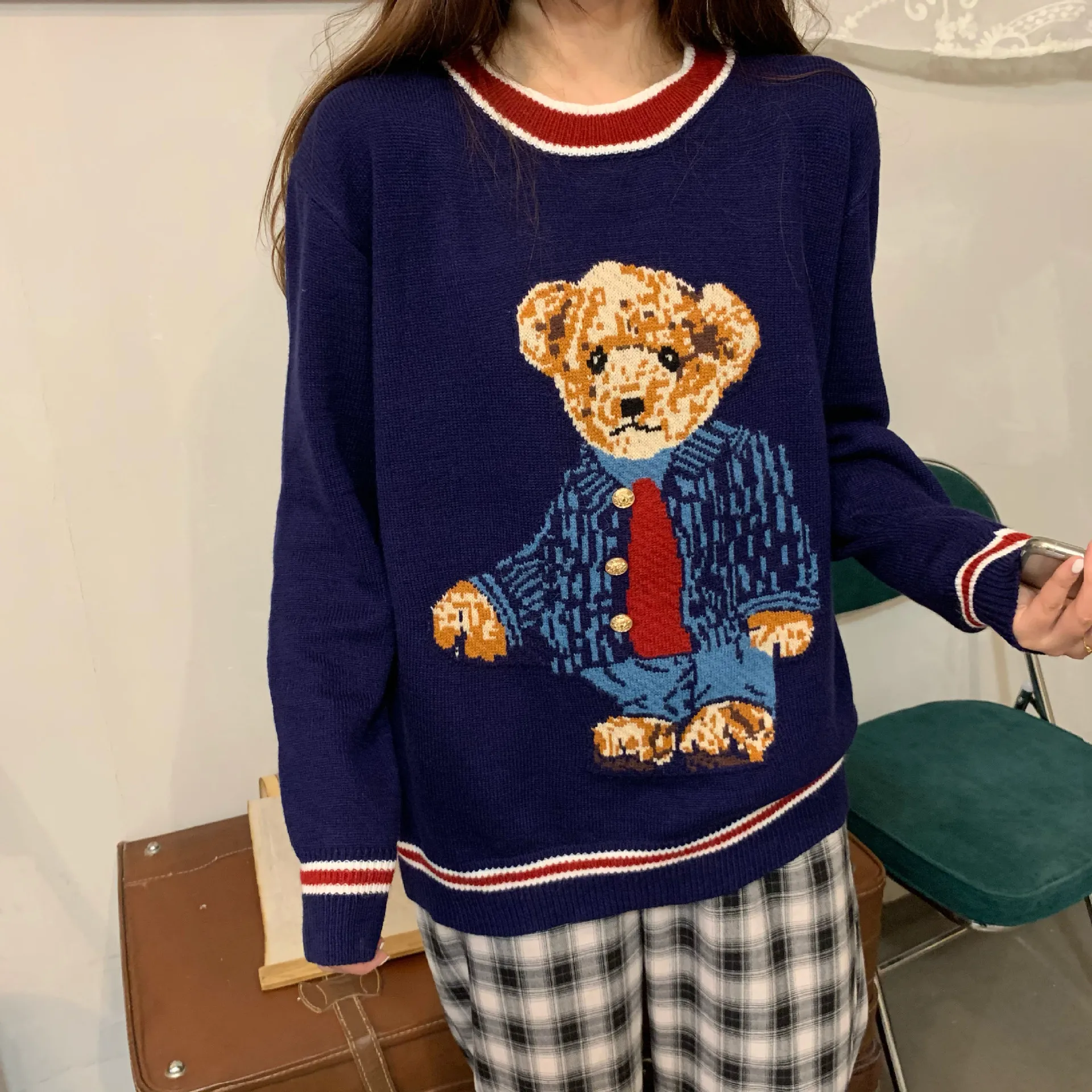 

Soft Wool Sweater Women 2021 Spring Korean Round Neck Vintage Cute Teddy Bear Long Sleeve Pullover Loose Lazy Style Outer Wear