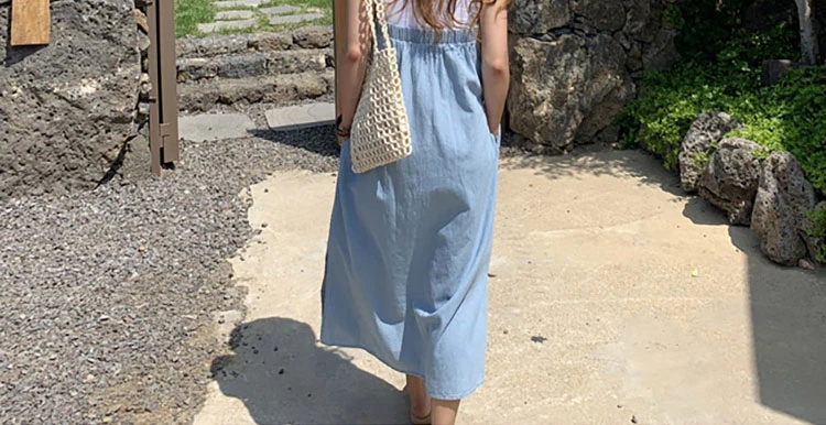 

New 2021 Women Denim Sundress Summer Holiday V-Neck Single Breasted Casual Sleeveless Pockets Slit Long Dress