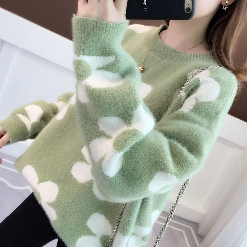 Sweater female loose 2019 new autumn and winter dress round neck pullover lazy wind knit bottoming shirt casual home | Женская одежда