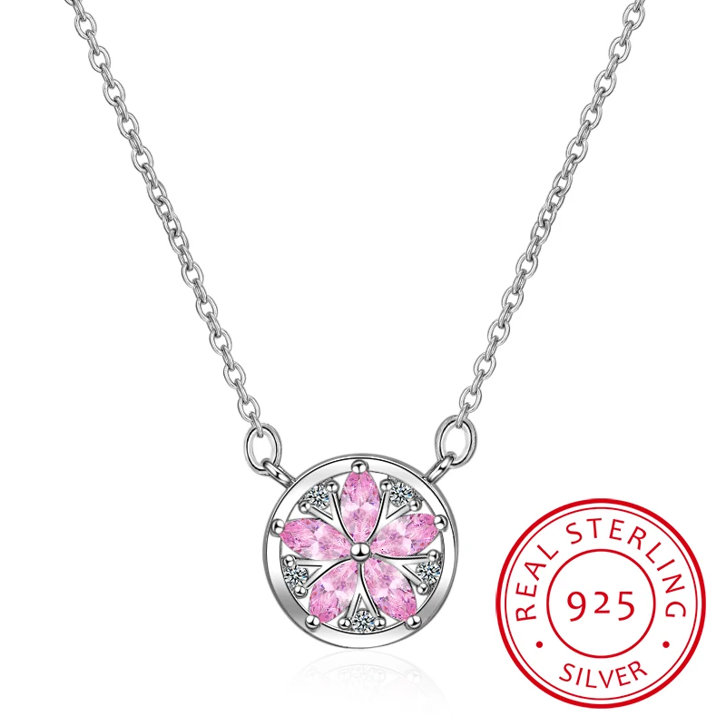 925 стерлингового серебра розовая вишня с кристаллами цветок кулон ожерелье для