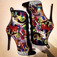 sexy multi color beads bootie peep toe lace up bling bling rhinestone ankle boots hollow high heeled women banquet dress shoes