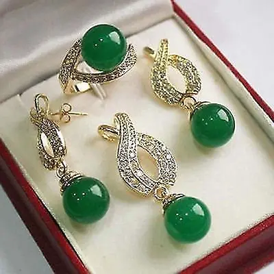 Бесплатная&gt FSF TYU6 12 мм зеленый нефрит кулон ожерелье серьги кольцо набор |