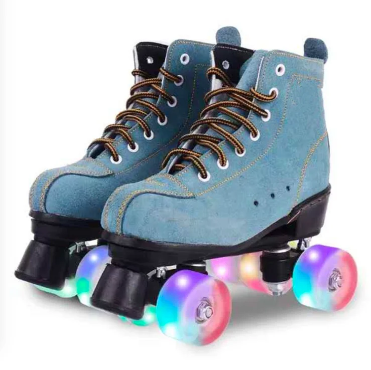 

Green suede leather skate shoes adult children men and women double row skates night smooth shoes roller skates flashing wheels