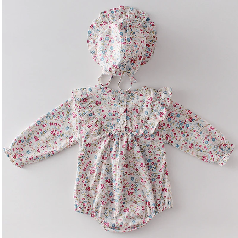 2020 Spring Baby Girl Bodysuits 0-3Yrs Girl's Flowers Tassel Long Sleeve Cotton One-piece Clothes + Hat Twin | Мать и ребенок