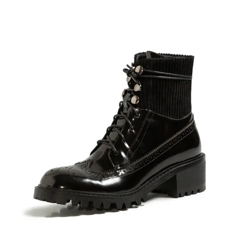 

Eleganr Popular Patchwork Warm Boots Cross Tied Round Toe Thick Heels Shoes For Women Winter Party Basic Shoes Woman