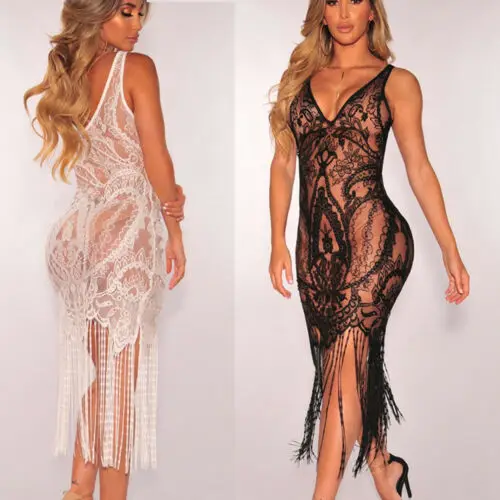 

Women Bikini Lace Sheer with Tassel Perspective Solid Color Hollow Out Floral Swimwear Cover Up Sleeveless V-neck Smock Summer