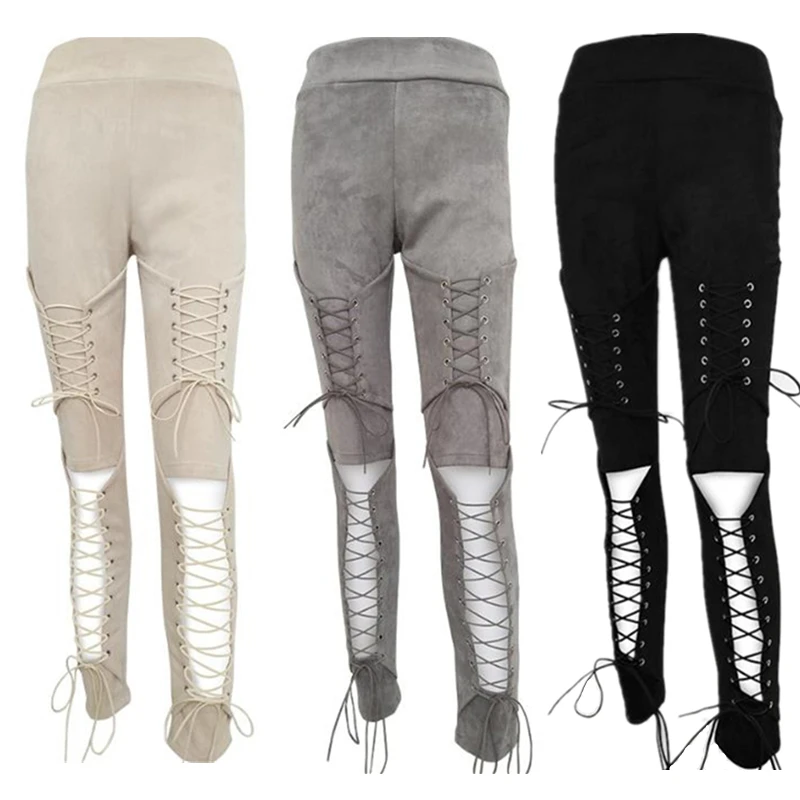Новые женские сексуальные бандажные леггинсы брюки на шнуровке замшевые кожаные
