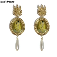klimt the kiss vintage engraved drop dangle earrings for women long round gold pendant earring pendientes fashion 2020 new sale