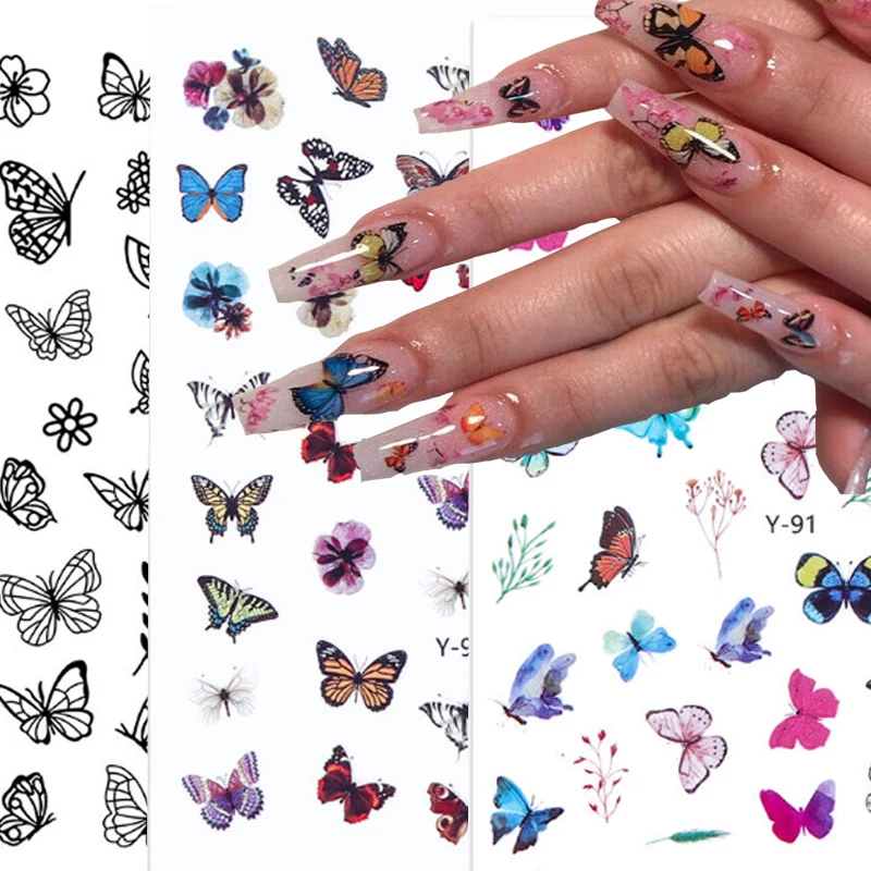 

3D Butterfly Nail Art Sticker Sticky Strips Colorful Blue Flowers Nail Transfer Decal Foil Ornaments Nail Sticker Decoration