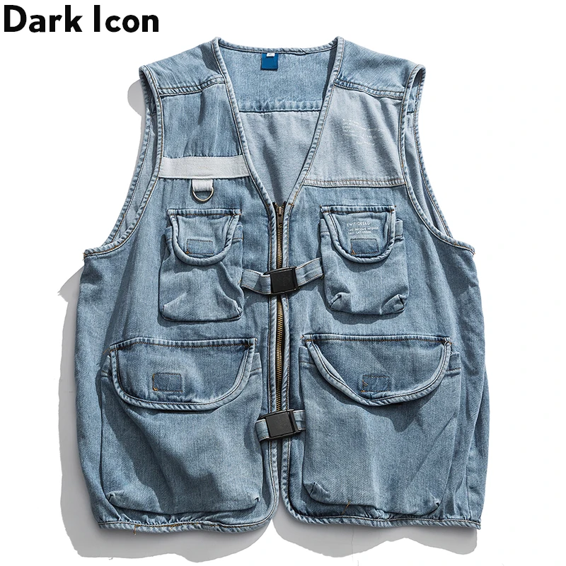 Темный значок военный джинсовый жилет с несколькими карманами в стиле хип хоп