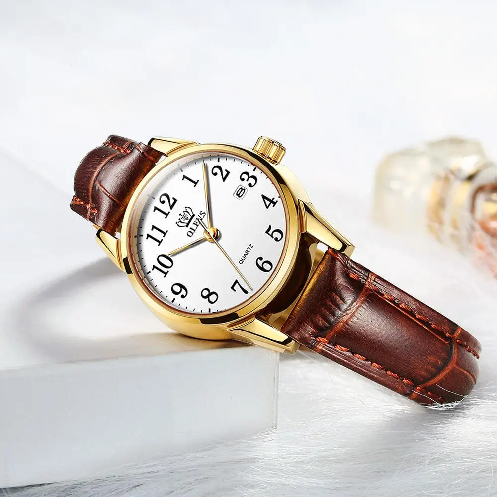 OLEVS Couple Watch Waterproof Fashion Quartz Watches Casual Luxury Dress Genuine Brown Leather  Wristwatch Lover Watch Gifts Set