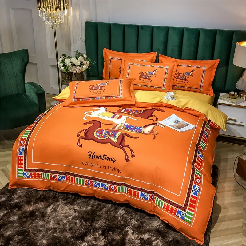 

Comforter Set Luxury Egyptian Galloping Horse Cotton Printed Wedding Gift Bedding Sets Orange Bedding Bedroom Sheet King Size