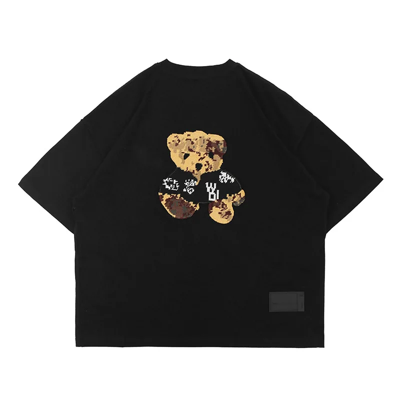 

Summer 2021 New High Street Bear Embroidered Letter Pressed Plastic Round Collar T-shirt Women Cartoon Men Clothing Anime