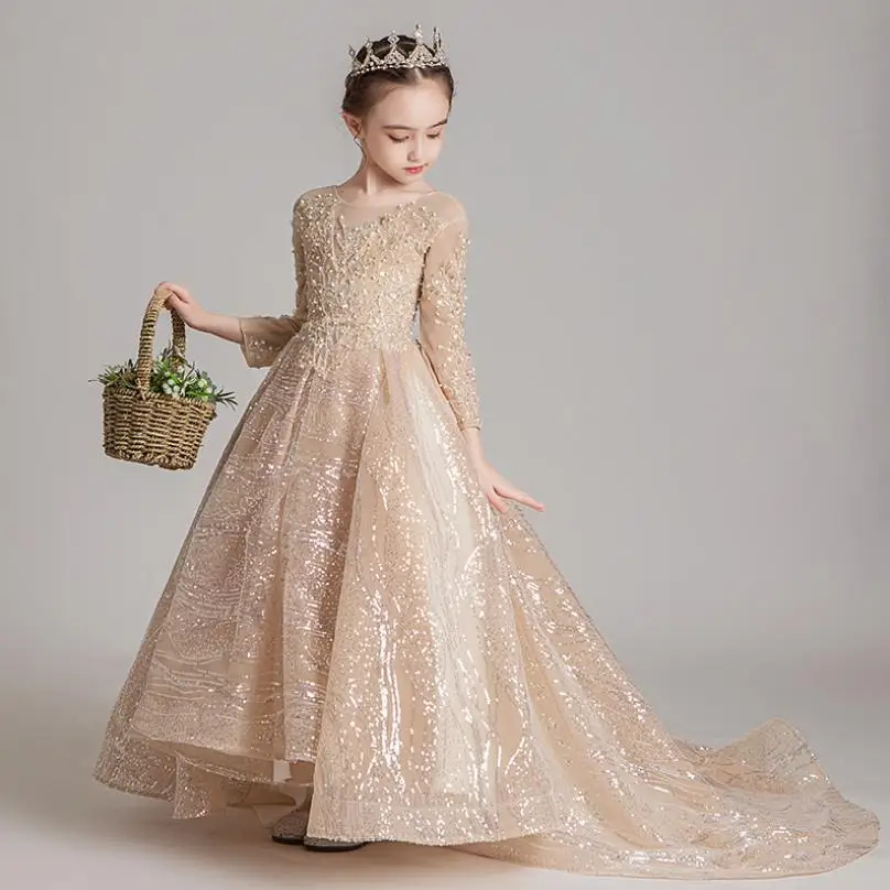 

Роскошное детское вечернее платье для подиума с длинным рукавом и блестками, вышитое бисером, платье для дня рождения и свадьбы для девочек ...