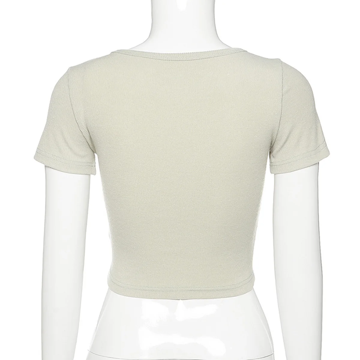 AA Meihuida Women Stretchy Knitted Crop Top Summer Button Green Blue Tight Rib-knitted Plain Short Sleeve Tops |