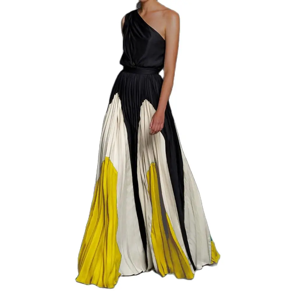 

Women Dress Plus Size Dresses Womens Spring One-Shoulder Pleated New Vestidos Sleeveless Loose Split Dresses