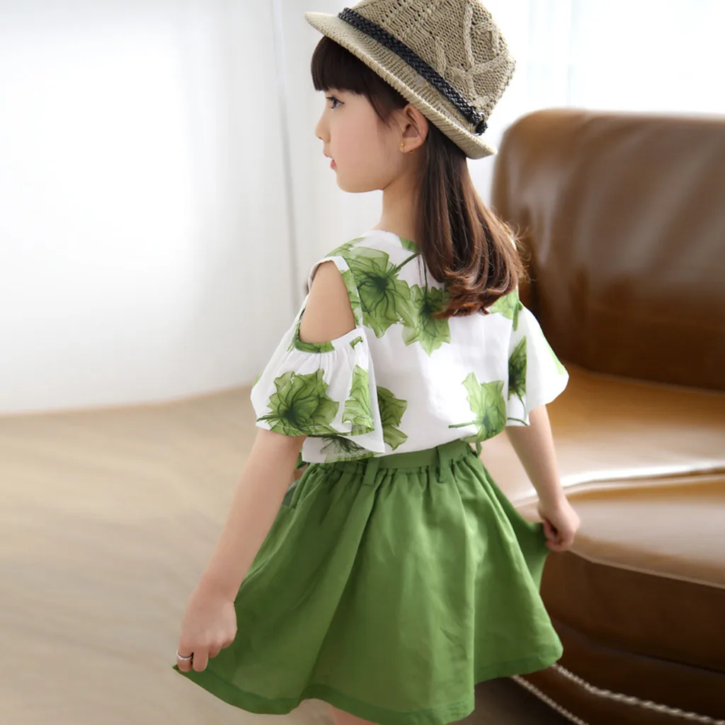

Kids Baby Girls Outfits T Shirt+Skirt Cute Summer Clothes Flower Print Strap Petal Sleeve Tops Bow Belt Skirts Set 2020 Fashion