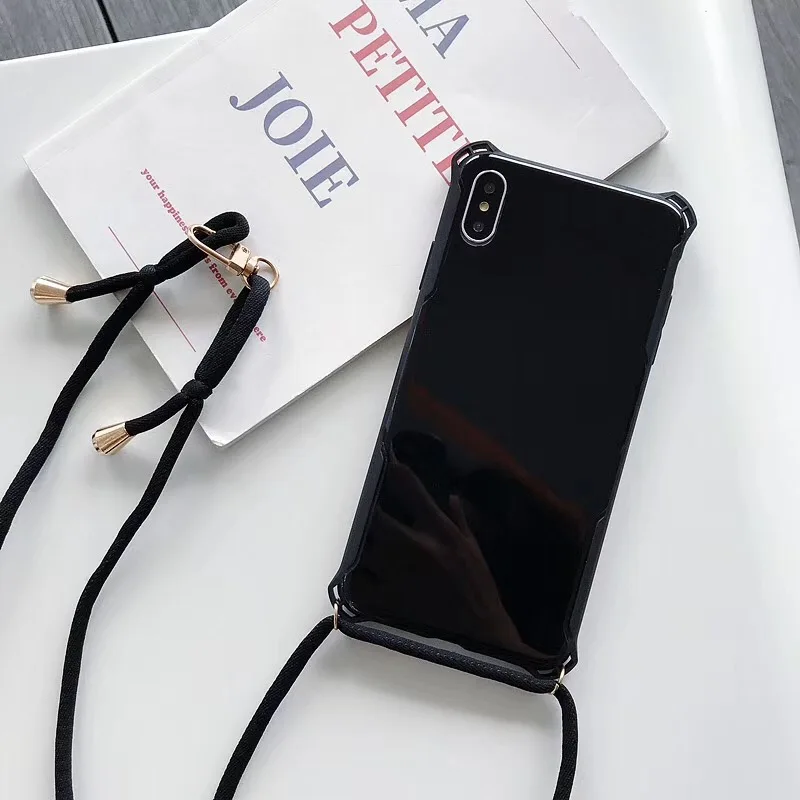 Black and Strap Простой чехол карамельного цвета для iPhone 11 Pro XS MAX X XR 8 7 6 S Plus сплошной цвет Пластиковый ударопрочный Твердый чехол с плечевым ремнем - Цвет: Black and Strap