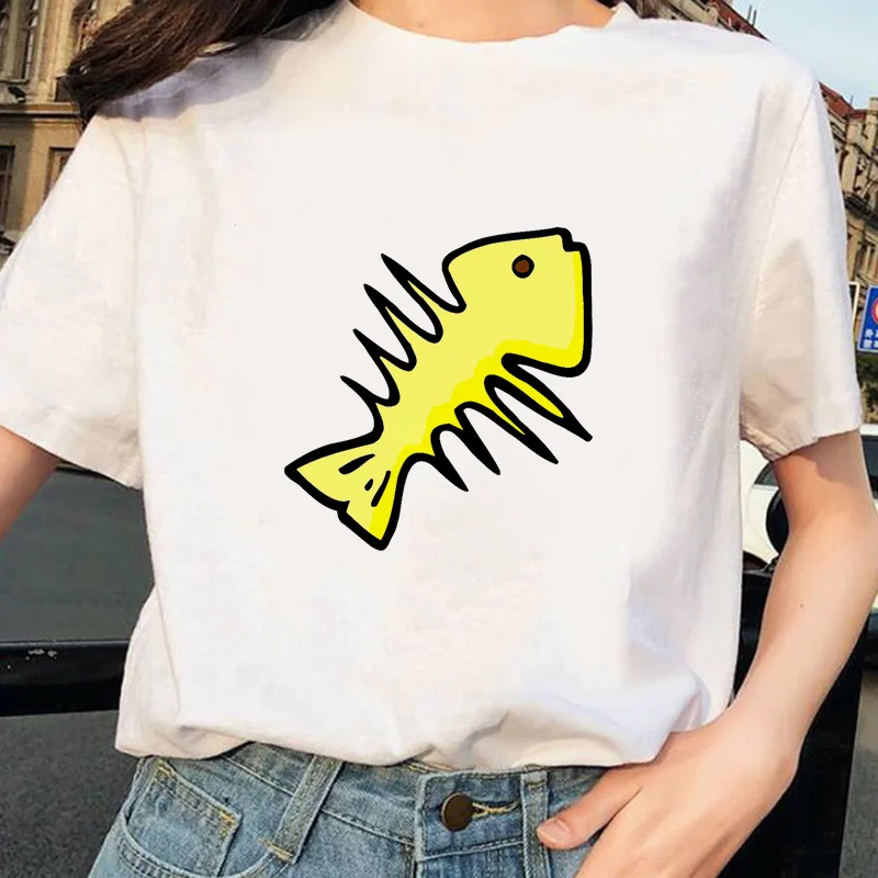 

Summer 2020 Fishbone Print Women's T-shirt Harajuku Short sleeved O collar white Fun T-shirt Women's Modale T-shirt women shirts