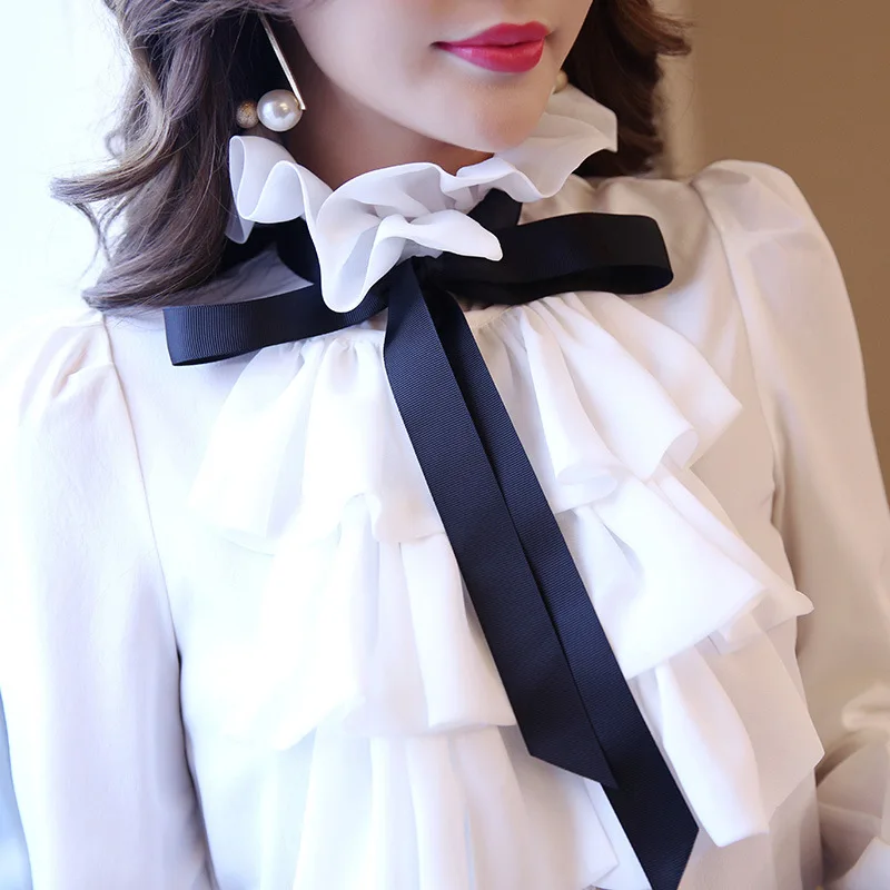 

2022 New Women Blouse Tops white Ruffles Bow Long Sleeve Shirt Casual Chiffon Blouse New Work Wear