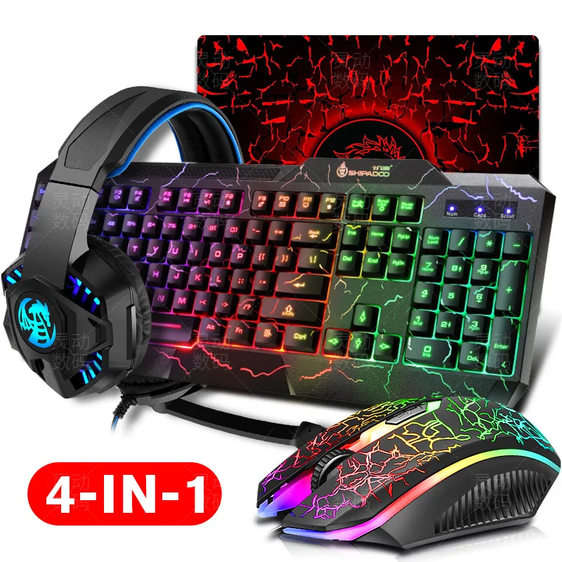 

Gaming Keyboard Mouse LED Breathing Backlight Ergonomics Pro Combos USB Wired Full Key Professional Mouse Keyboard 4 In1