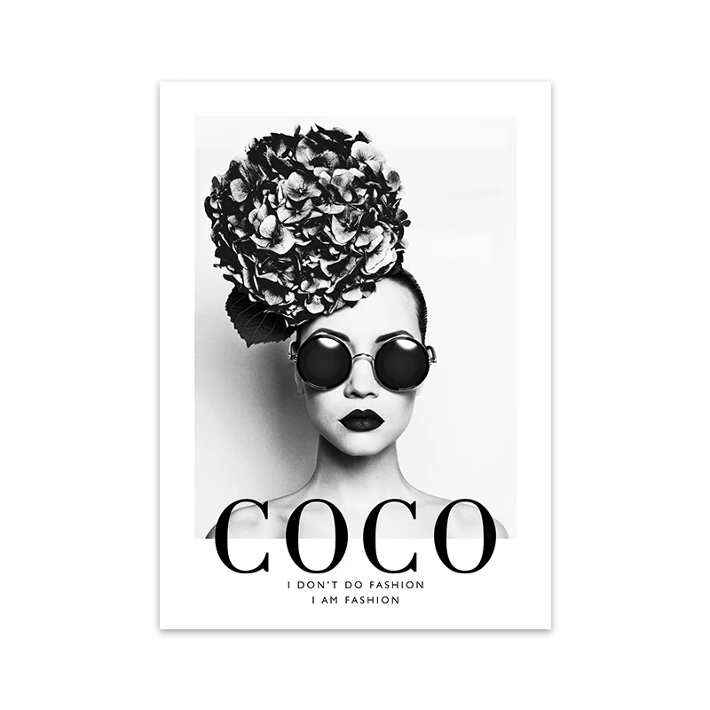 

Wall Art Canvas Painting Black White Vogue Fashion Flower Woman Poster and Print Coco Quotes Pictures for Living Room Home Decor