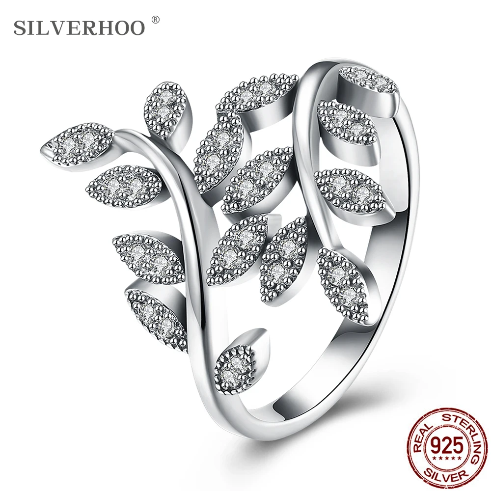 

SILVERHOO Women Rings 925 Sterling Silver Personality 5A+ Cubic Zirconia Plant Leaf Vintage Ring Anniversary For Girlfriend