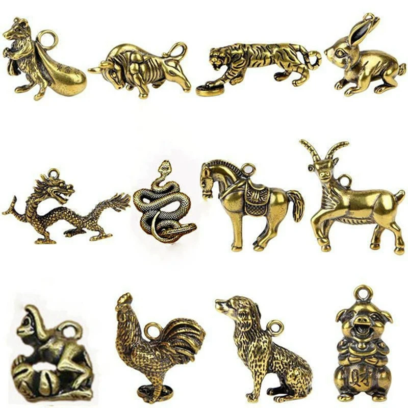 

Vintage Brass The 12 Chinese Zodiacs KeyChain Pendant Auspicious Car Hanging Pendants Craft Copper Animal Key Chain Accessorise