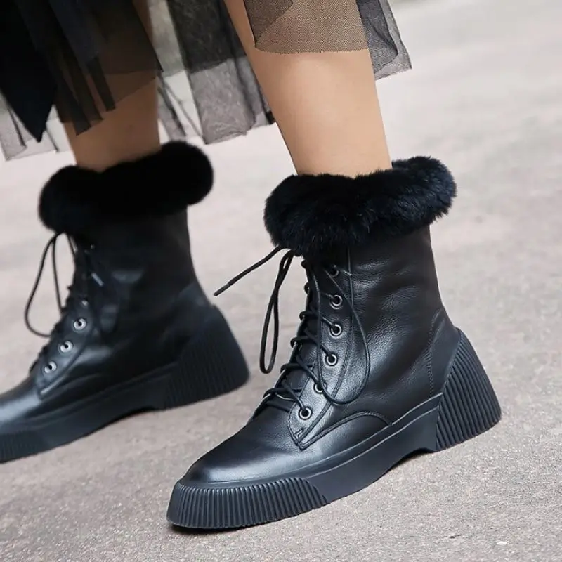 

RIZABINA Real Leather Women Ankle Boots Warm Fur Flats Round Toe Shoes Winter Boots Women Fashion Daily Footwear Size 34-39