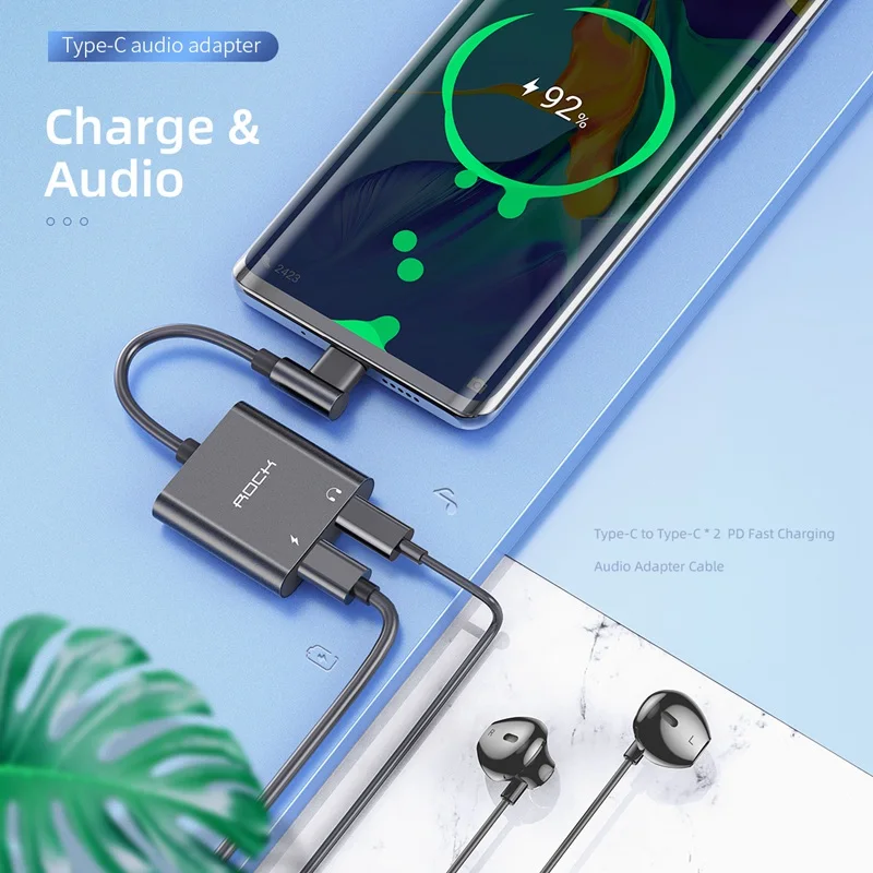 Адаптер ROCK 2 в 1 с двумя разъемами Type-C 60 Вт PD 3A быстрая зарядка USB C наушники Aux аудио