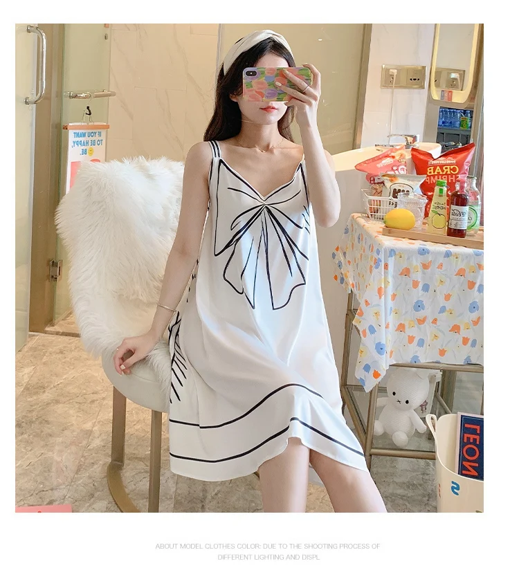 

Harajpee Women Pajamas 2021 Summer French Sexy Temperament Alluring Palace Style Sweet Ice Silk Bowknot Suspender Nightdress