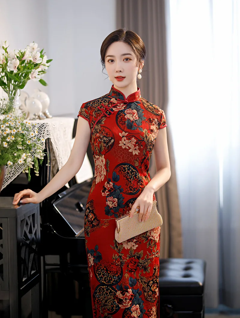 

Элегантный тонкий китайский Винтаж короткий рукав красный Цветочный принт Qipao Для женщин сексуальная высокая Чонсам с высоким разрезом