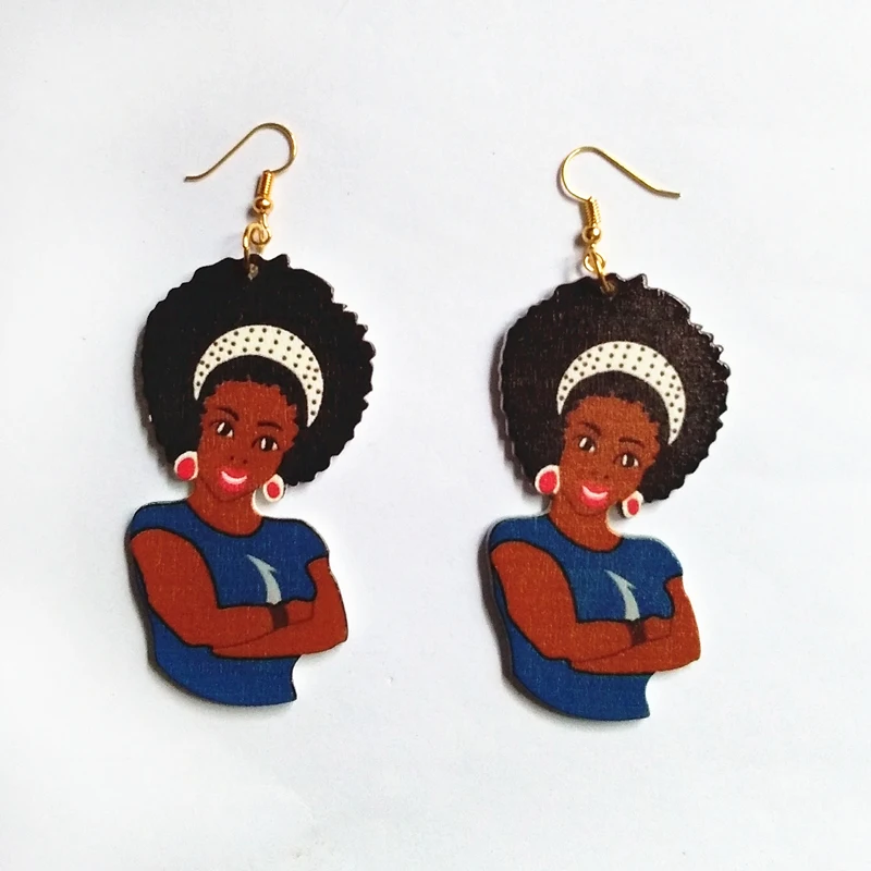 

FUYIER Fashion Wood Drop Earrings Cute Brown Girl African Woman Wooden Earring Printing Flower Dancing Earring Friendly Jewelry