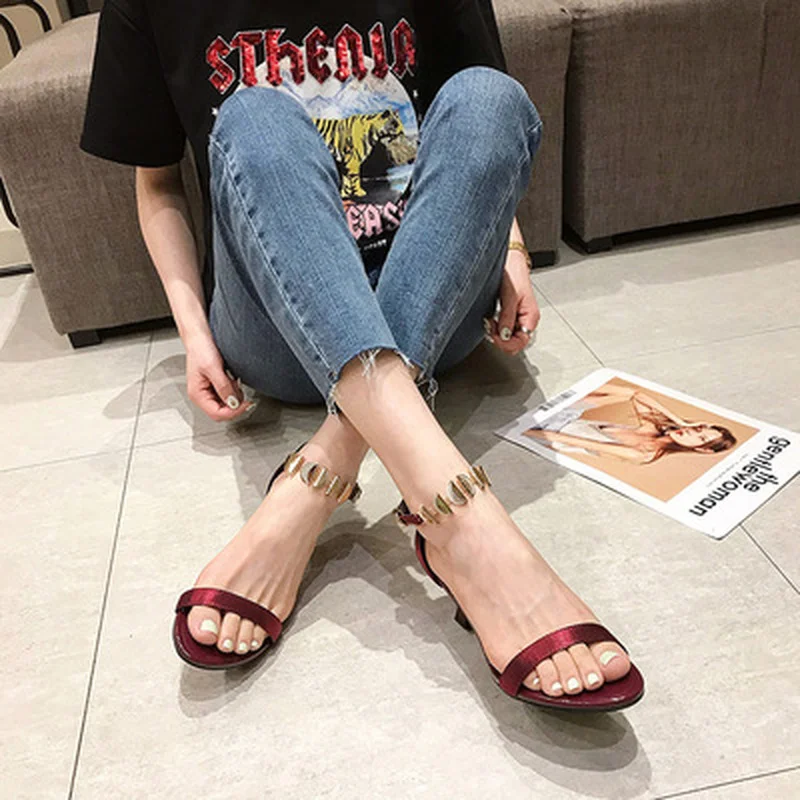 

New Fashion High Heels Women's One Line Buckle Sandals Sexy Thin Heel Summer Red Ladies Shoes Teenslippers Women Sandalias