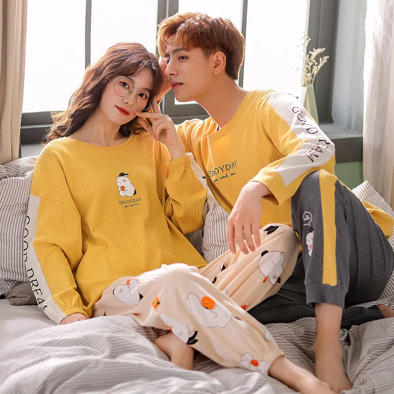 

For Women Winter Warm Round Neck Men's Nightwear Cute Green Fruit Print Couple Pajamas Sets Autumn Fashion Cotton Soft Sleepwear