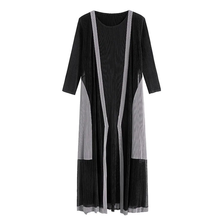 

Mesh Fake Two-piece Mid-length Dress Female Spring Miyake Pleated Patchwork Contrast Color