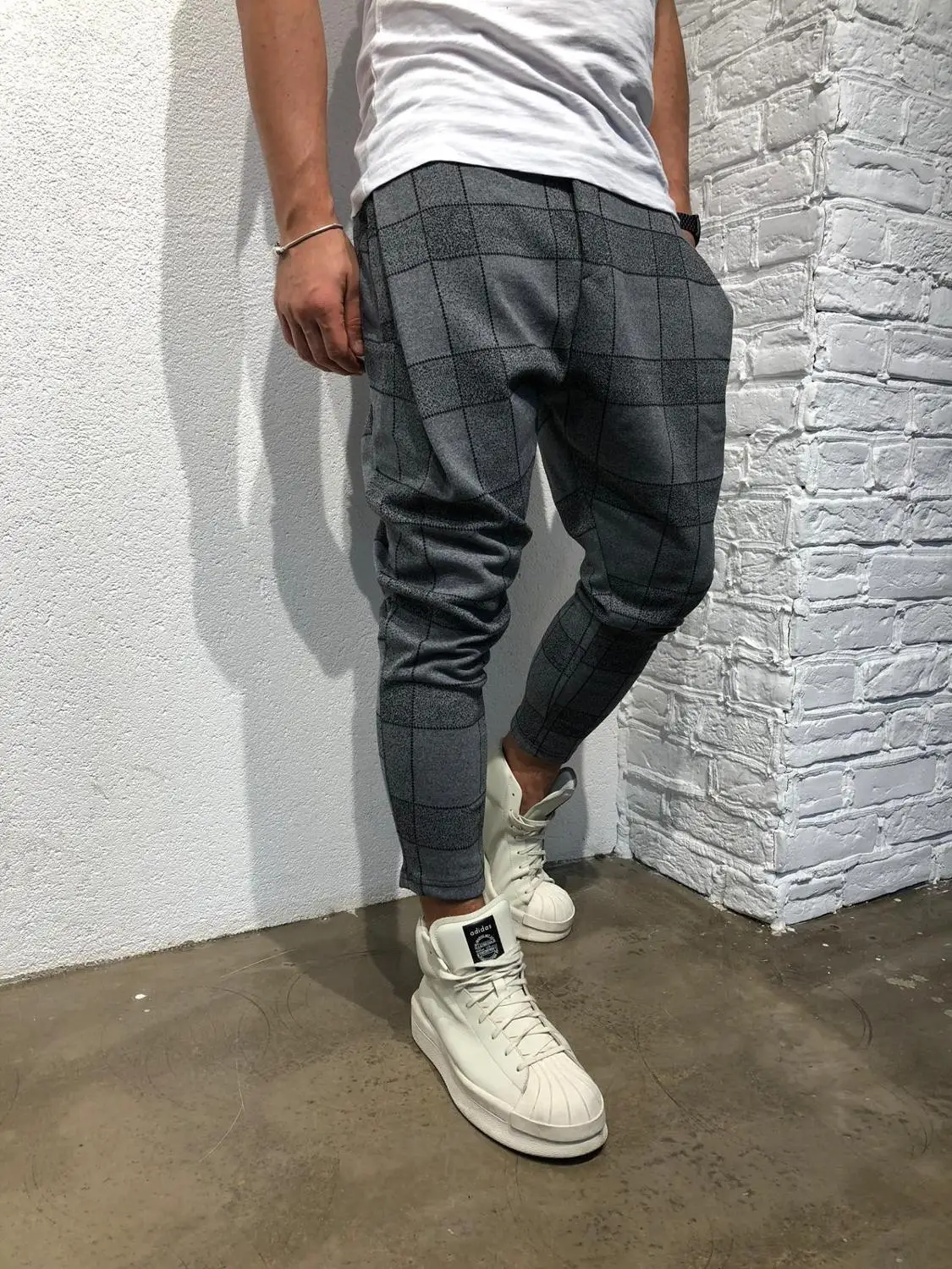 Gray Hombres, облегающие, облегающие, hombres, Chino pantalones sóper cómodos pantalones elaticos para hombres disegno a cuadros rayas lat - Цвет: Gray