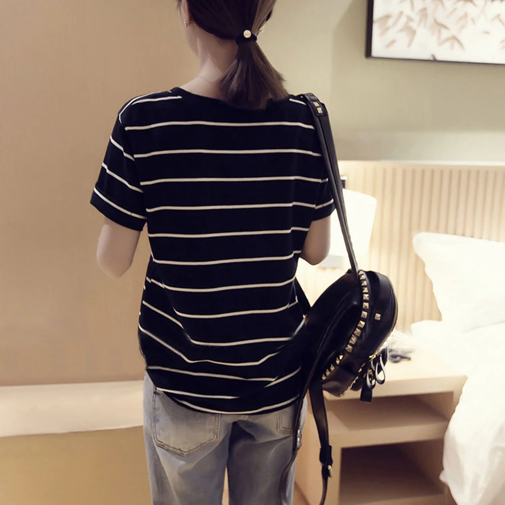 Модная Летняя женская Свободная полосатая Повседневная футболка с круглым