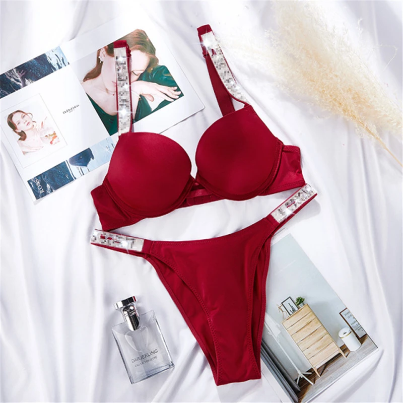 

Pink Push Up Bra Set Panty Luxury Bikini Thong Lingerie Bralette Wire Adjusted Sets Sexy Bras Letter Rhinestone Women Underwear