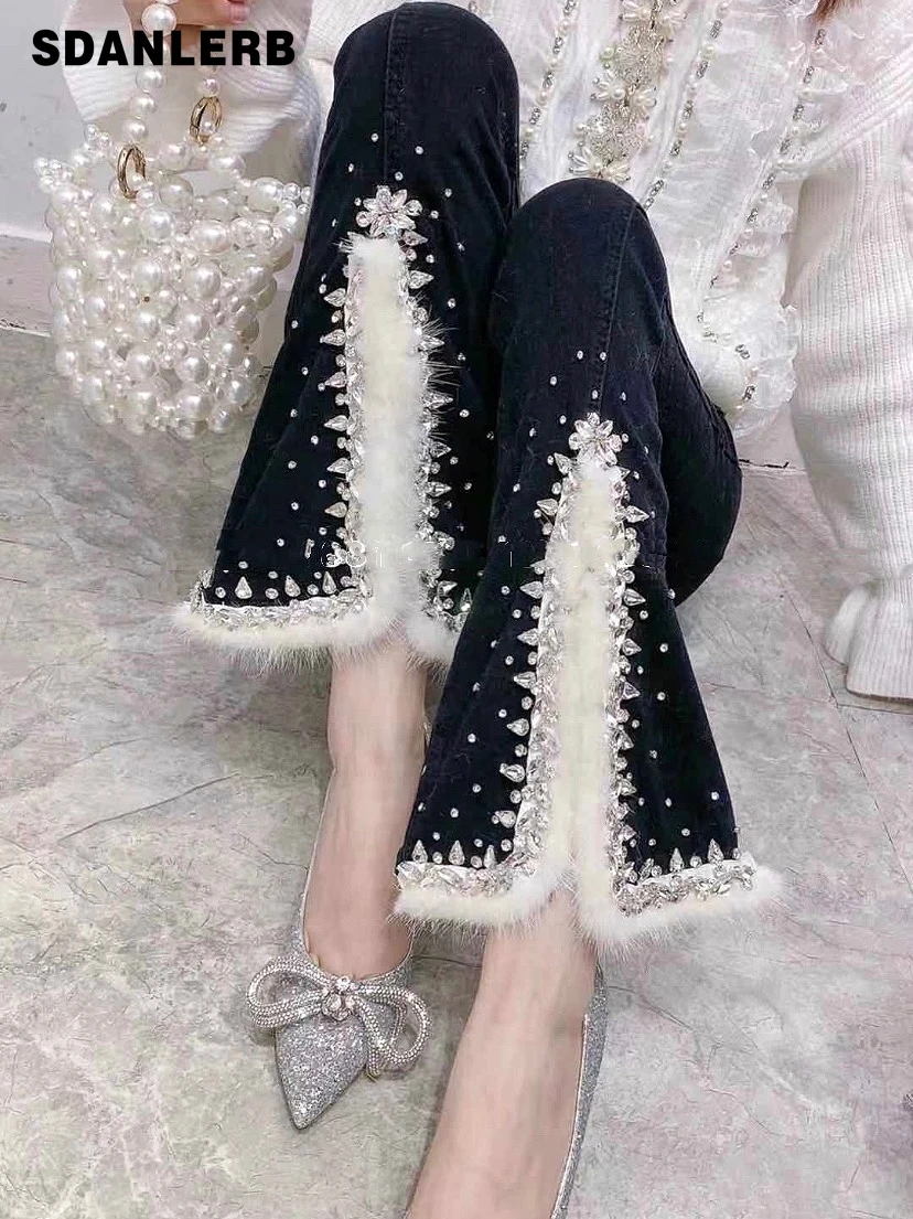 Socialite Elegant Jeans Trousers Women's Winter High Waist Slimming Bead Stitching Rabbit Fur Thickened Bell-Bottom Denim Pants