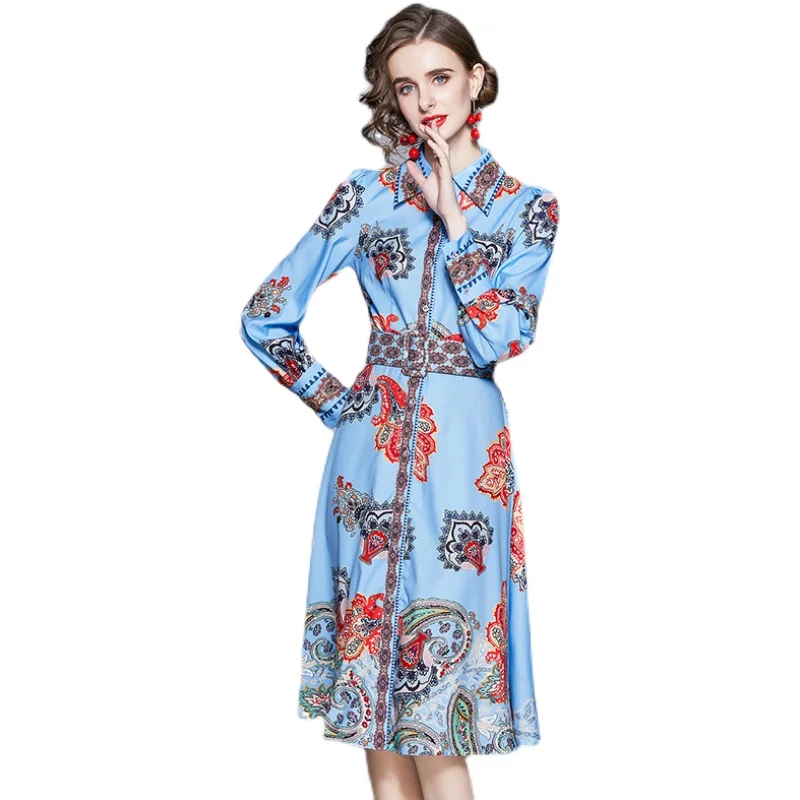 

New Elegant Vintage Fashion Women Print Slim Tunic Evening Party Dress Office Lady Long Sleeve Midi Dresses