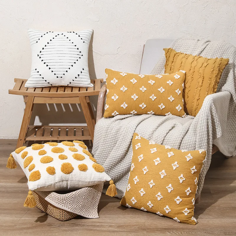 

Cotton Canvas Waist Cushions Cover Throw Pillow Cases Tufted Embroidery Home Decorative for Sofas Bedroom Car 30*50CM 45*45CM