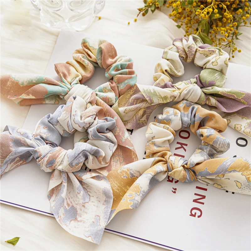 

2021 New Style Tie-dye Bandhnu Scrunchies Retro Rabbit Ears Hair Ribbons Headdress Women's Knotted Fabric Hair Accesories