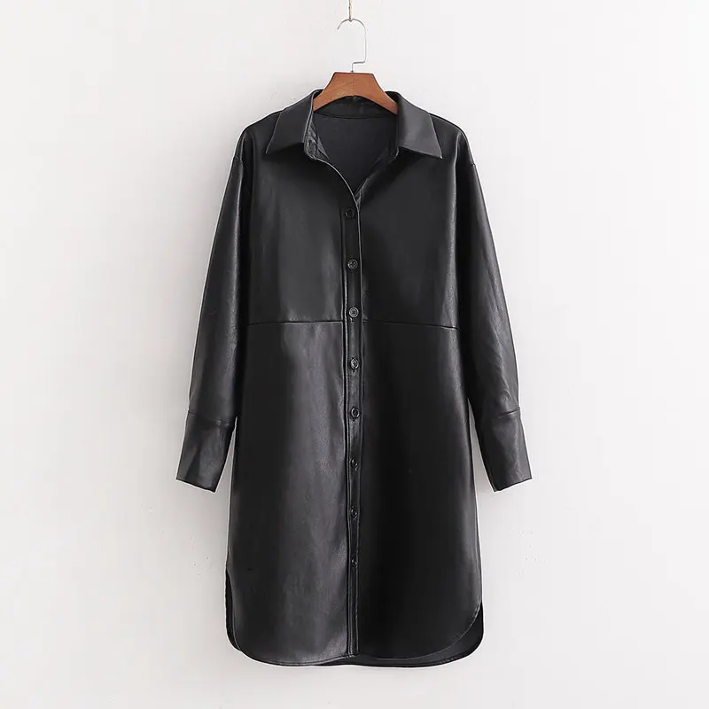 Повседневная Длинная черная рубашка из искусственной кожи в простом стиле для