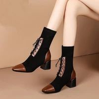 mid heel slim sock bootswomen autumnwinter shoessquare toelace upthick heelstretch fabric bootfemale footwarebrownblack