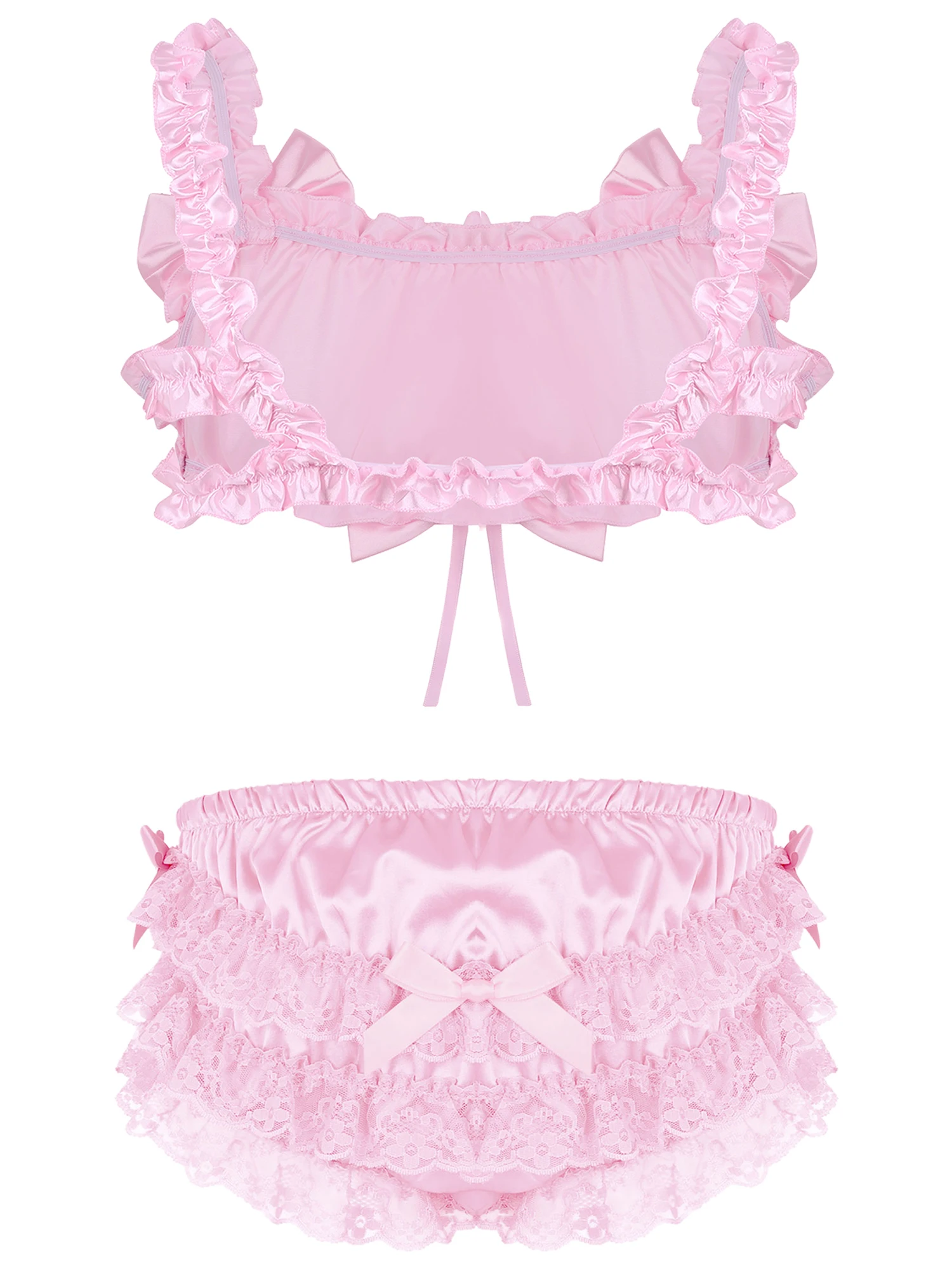Men Sissy Wear 2Pcs Set Wire-free Bra Top with Floral Lace Hem Bowknot Brief Satin Frilly Elastic Wide Shoulder Strap Lingeries |