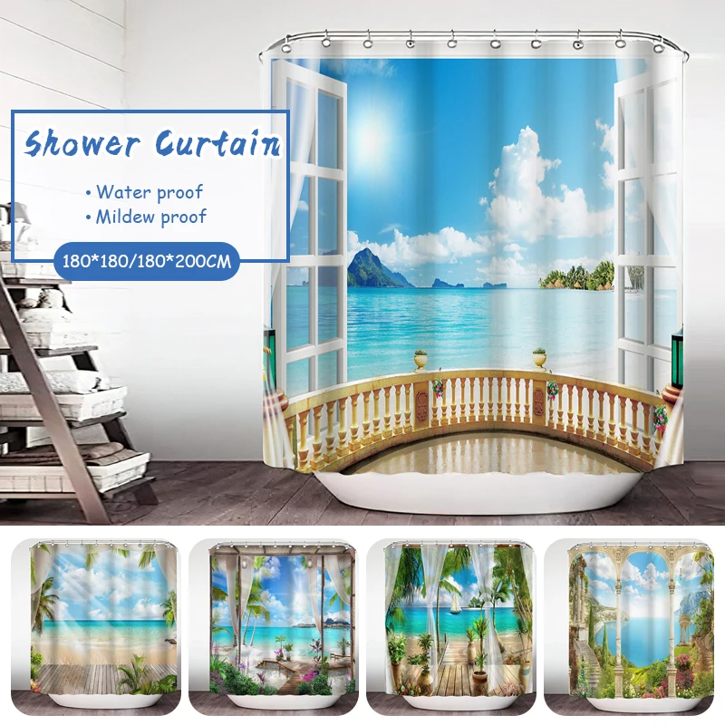 

Scenery Outside The Window 3D Printing Bath Shower Curtain Landscape Mildew Proof Bath Curtain With Hook Bathroom Waterproof