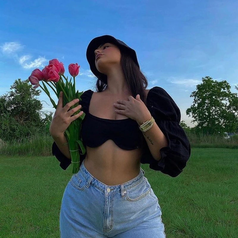 Женский облегающий Топ с длинным рукавом однотонный топ буффами на рукавах весна