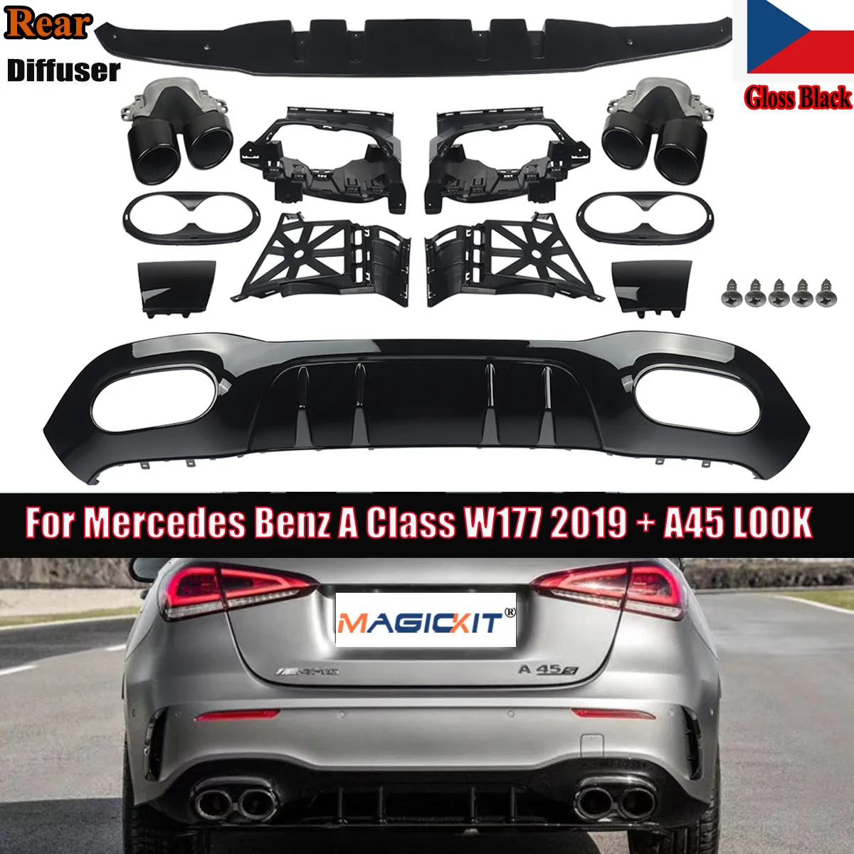

MagicKit FOR MERCEDES W177 A CLASS A45 LOOK GLOSS BLACK REAR DIFFUSER+EXHAUST TIPS 2019+