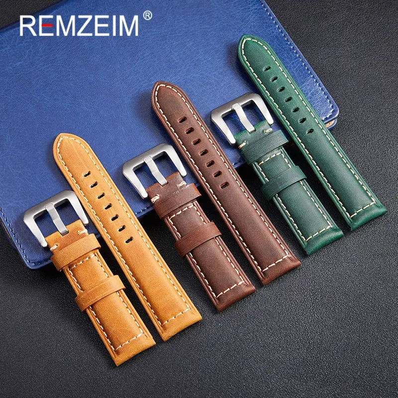 Ремешок для часов REMZEIM из кожи Крейзи Хорс винтажный браслет наручных черный